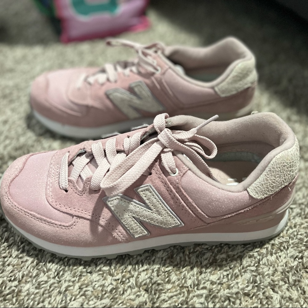 Pink iridescent new balance tennis shoes